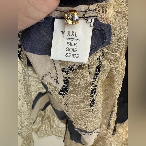 Rosamosario 100% Silk Bodysuit Playsuit Navy Cream Stripes Champagne Lace Silk - Picture 13 of 17